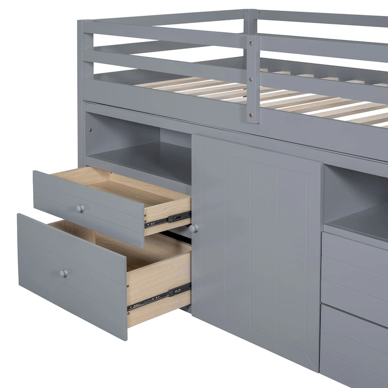 Gray Twin Solid Wood Loft Bed with Drawers & Cabinet