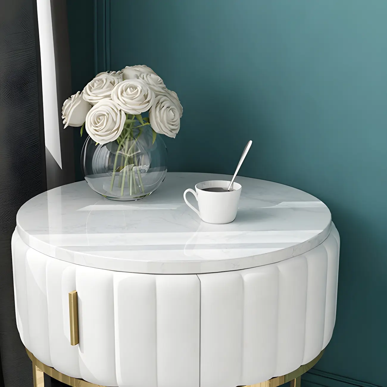 Glam Genuine Marble Nightstand with Drawers & Metal Base
