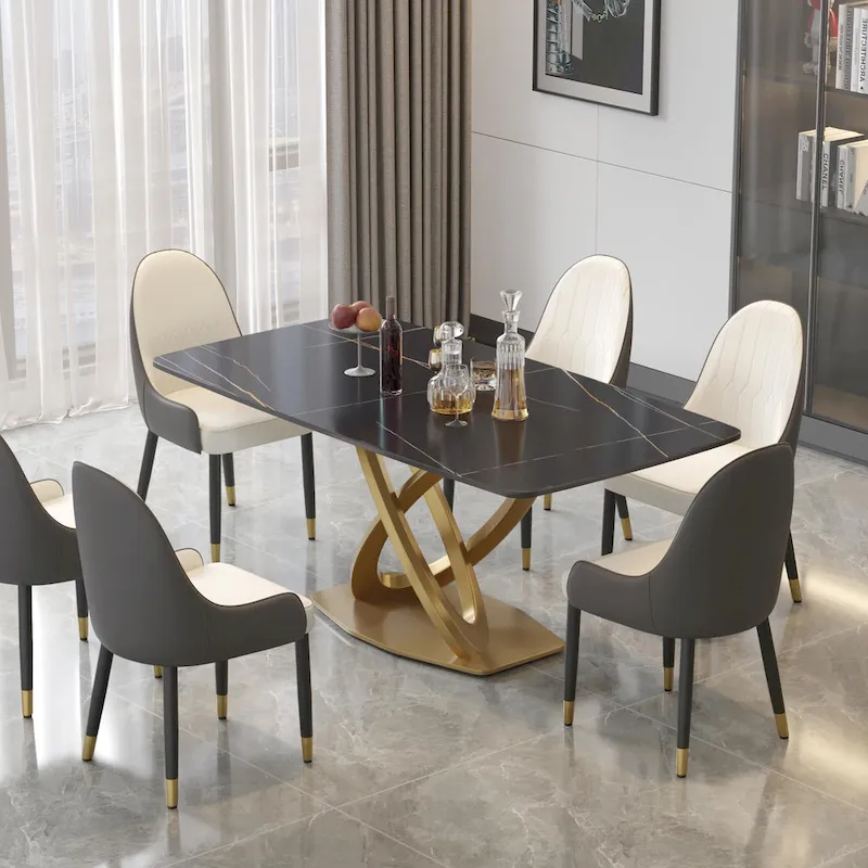 71 Modern Dining Table with Rectangular Sintered Stone Tabletop and Gold Base