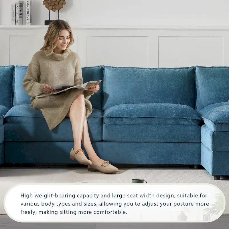 136  U-Shaped Chenille Cloud Sectional Sofa with Dual Ottomans