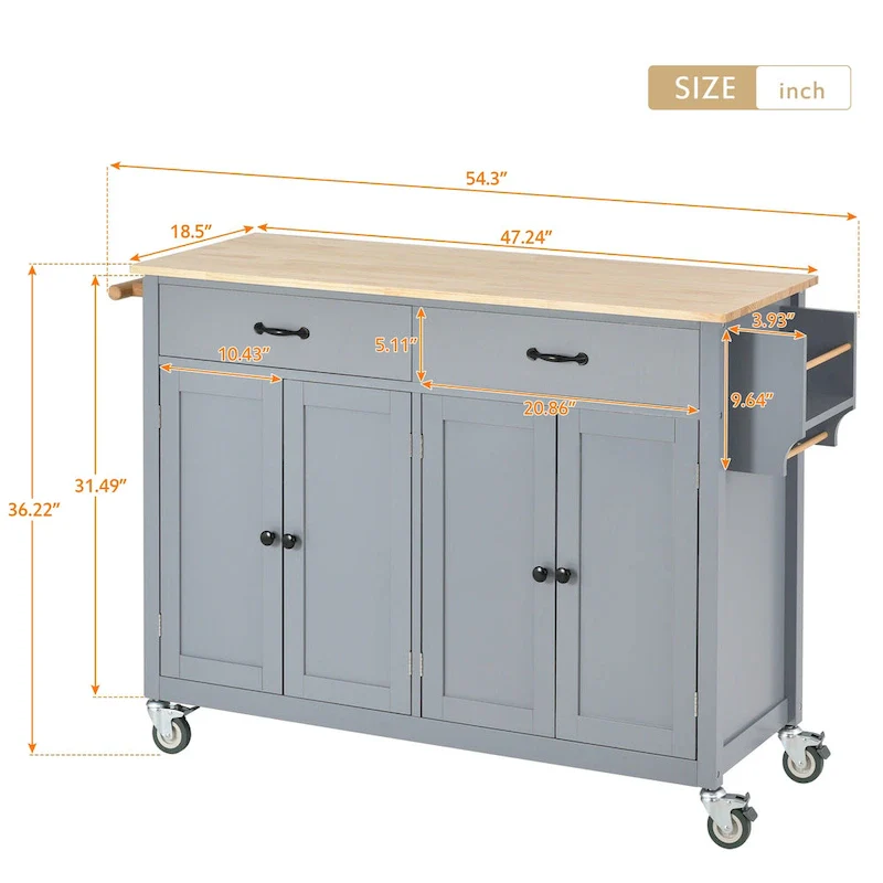 Essential MDF Kitchen Island Cart with Solid Wood Top, Locking Wheels, and Spice Rack