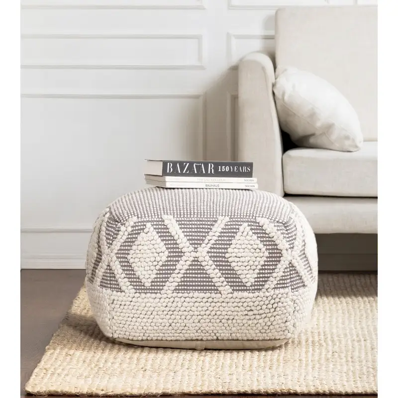 Jani Chippewa 22 x 22 x 16 Gray & Ivory Square Pouf Ottoman - Handmade Footrest for Living Room, Bedroom, Nursery, Kidsroom