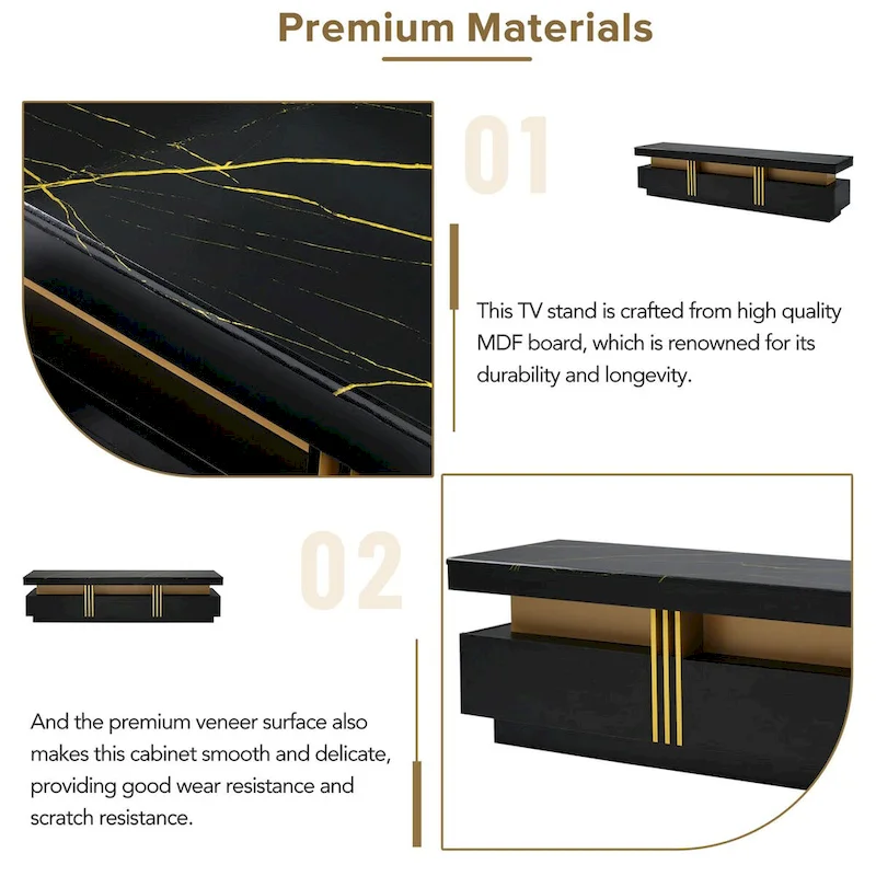 White Marble TV Stand with Gold Trim - 3 Drawer Media Console (68.8