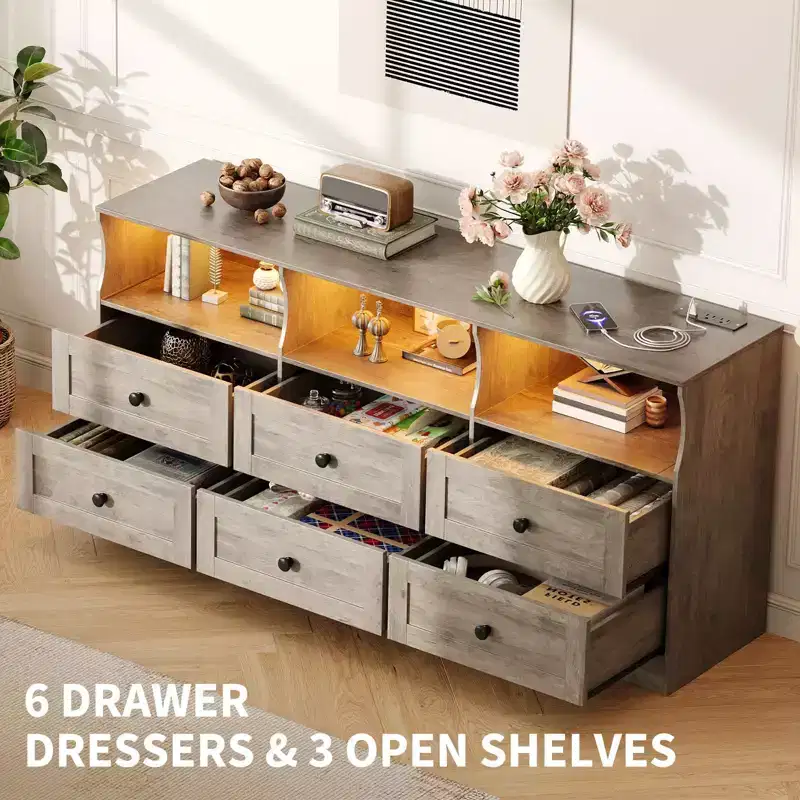6-Drawer Dresser with RGB Lights & Power Outlet, Black / Gray / White