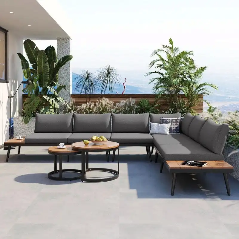 6-Piece Outdoor Sectional Sofa Set with Nesting Coffee Tables and Cushioned Seating