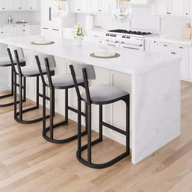 Bar Stools Set of 4, High Back Counter Height Bar Stools with White Velvet Upholstery & Gold Metal Legs, Soft Padded Kitchen Island Stools, Bar Chairs
