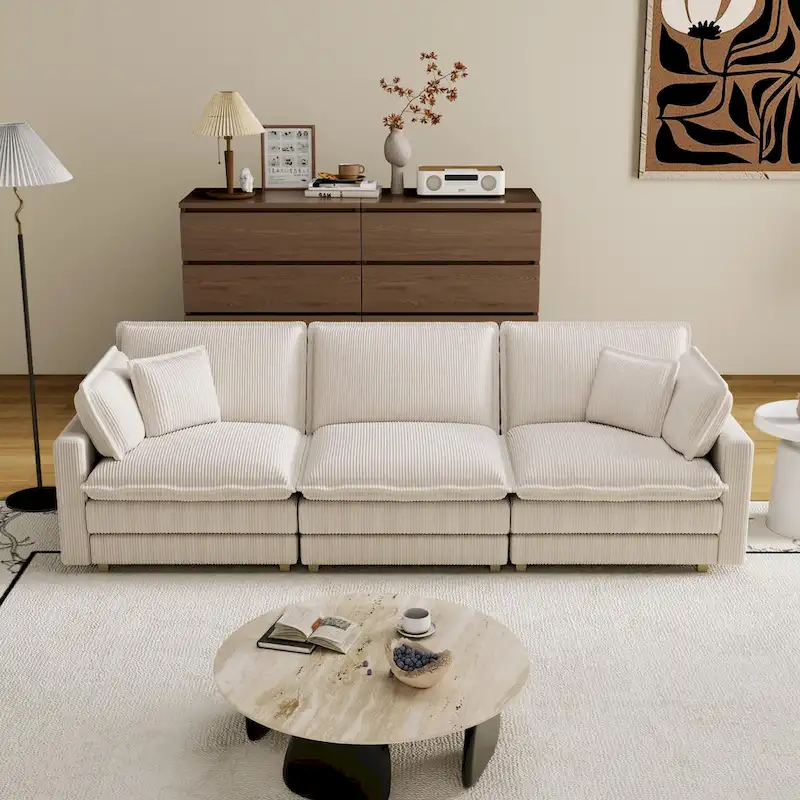 103 Corduroy Modern Classic 4-Seater Sofa with Deep Seat & 4 Pillows