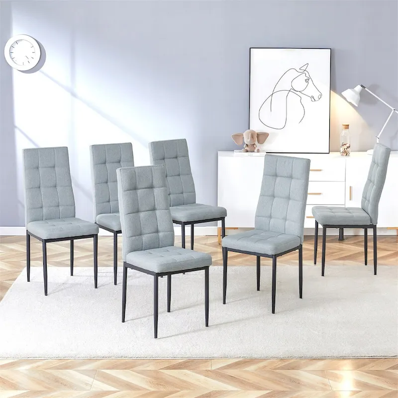 Merax Modern Dining Table with V-Shape MDF Base/ Linen Tufted Dining Room Chairs Set of 6