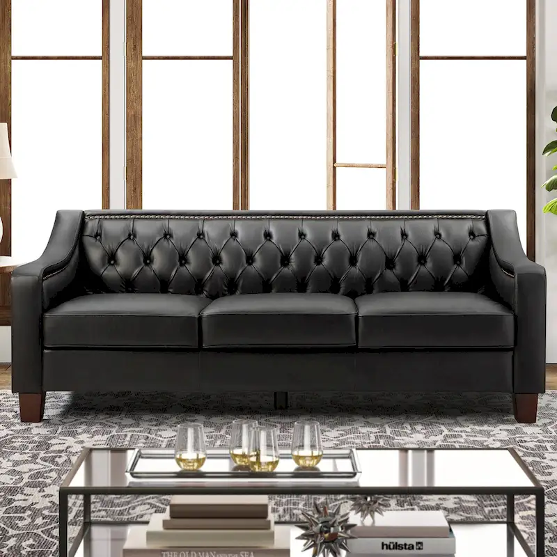 Mateo 82.28 Wide Transitional Genuine Leather Sofa with Nailhead Trim and Button-Tufted Back