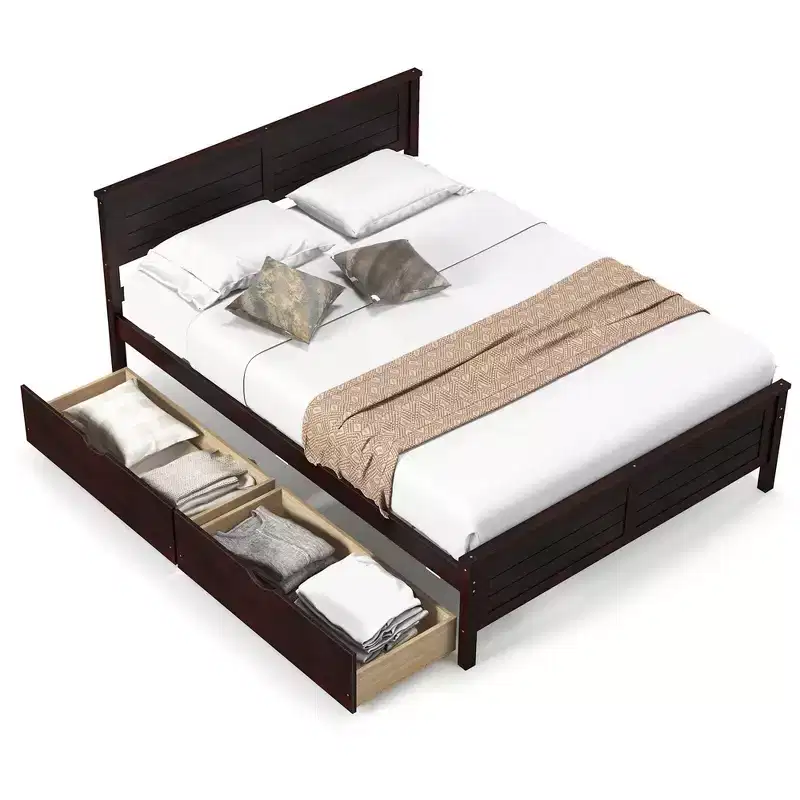Full Size Wooden Platform Bed Frame with 2 Storage Drawers, Solid Wood Headboard, Espresso