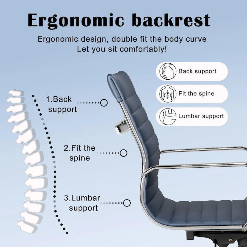 Ribbed Leatherite Office Chair with Chrome Frame, L-Shaped Arms and Swivel Base – Grey / White / Terracotta / Green / Brown / Black / Navy Blue / Gold & Navy Blue / Gold & Black / Gold & White, for 1 Person
