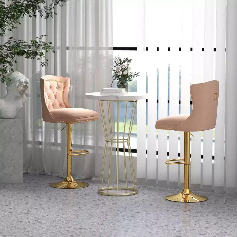 Set of 2 Bar Chairs Dutch Velvet Bar Stool with Footrest Metal Base Anti-Slip Ring Pink/Beige/Grey