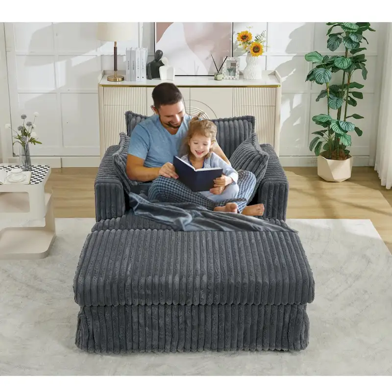 Dark Gray Modern 47.8 Upholstered Oversized Chaise Longue Chair with Ottoman and Pillows