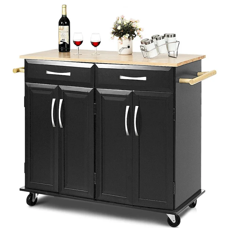 Rolling Kitchen Trolley Island Black Cart Wood Top Storage