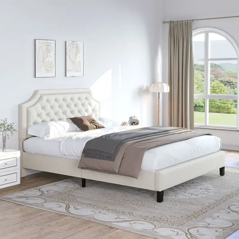 Moasis Button-Tufted Linen Upholstered Platform Bed with Adjustable Headboard
