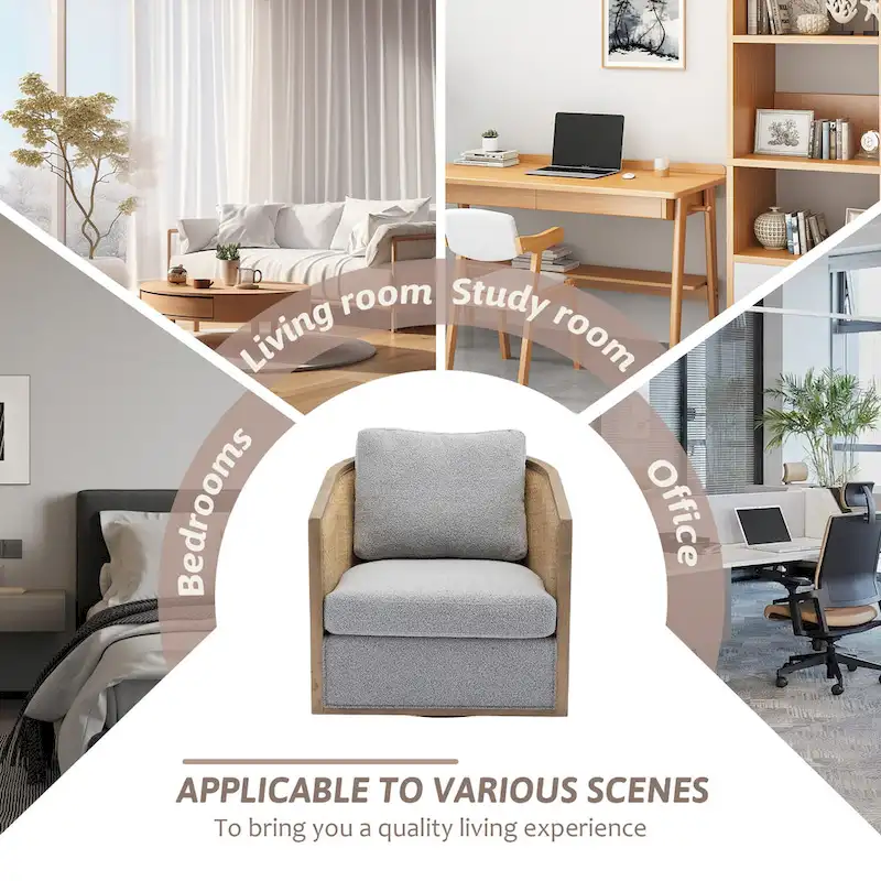 Boucle/Leather Upholstered 360 Degree Swivel Round Barrel Club Chair