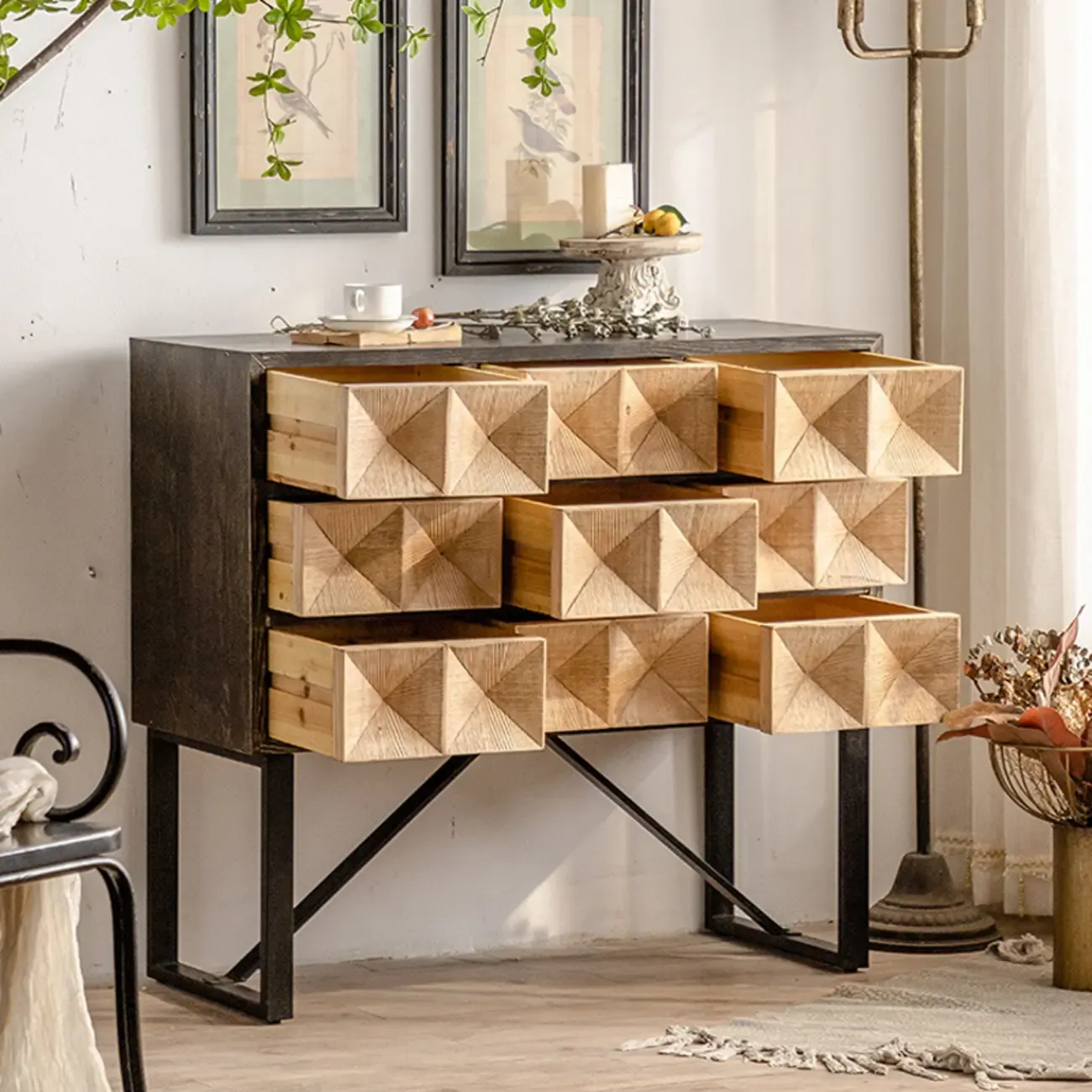 Rustic Wooden Console Table with Drawers and Trims
