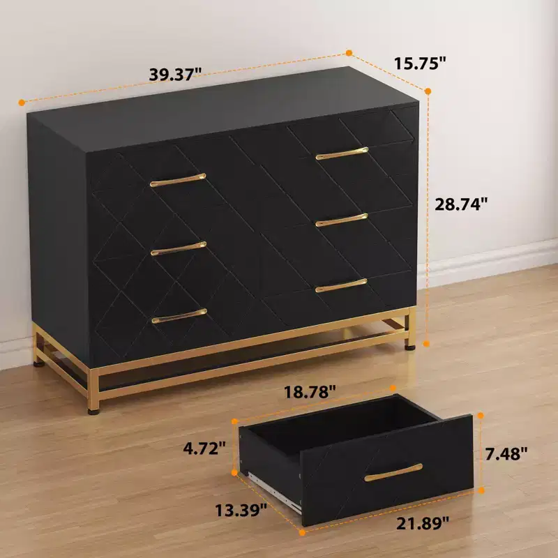 Modern 6-Drawer Wood Dresser with Gold Handles - Versatile Storage Chest for Adult Bedroom, Living Room & Entryway Organization