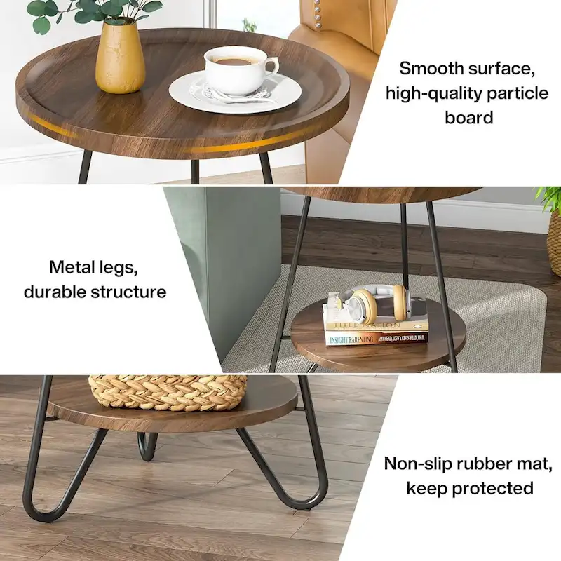2-Tier Round Side Table, Wooden End Table with Metal Legs