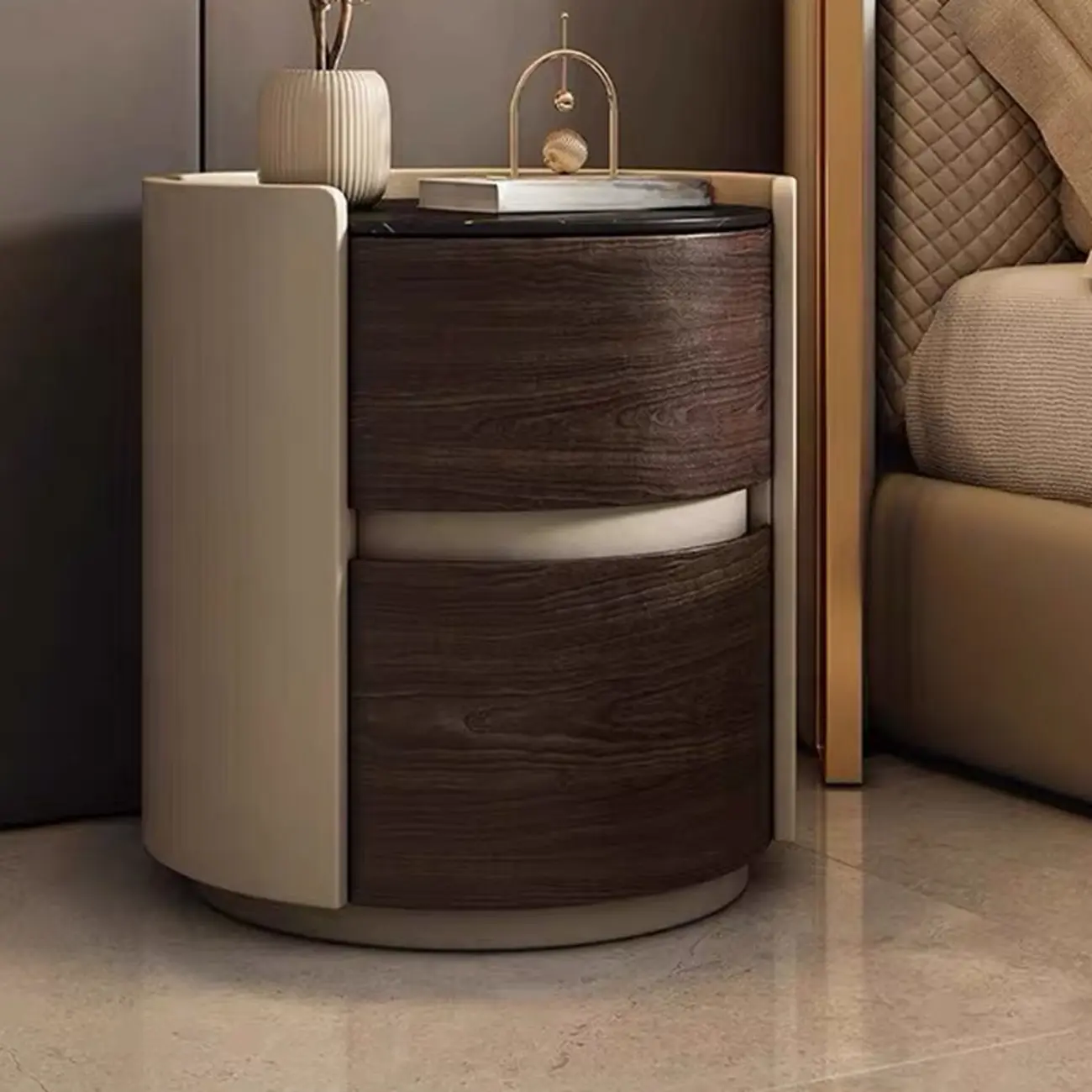 Narrow Pine Wood Soft-Close 2 Tier Round Bedside Table