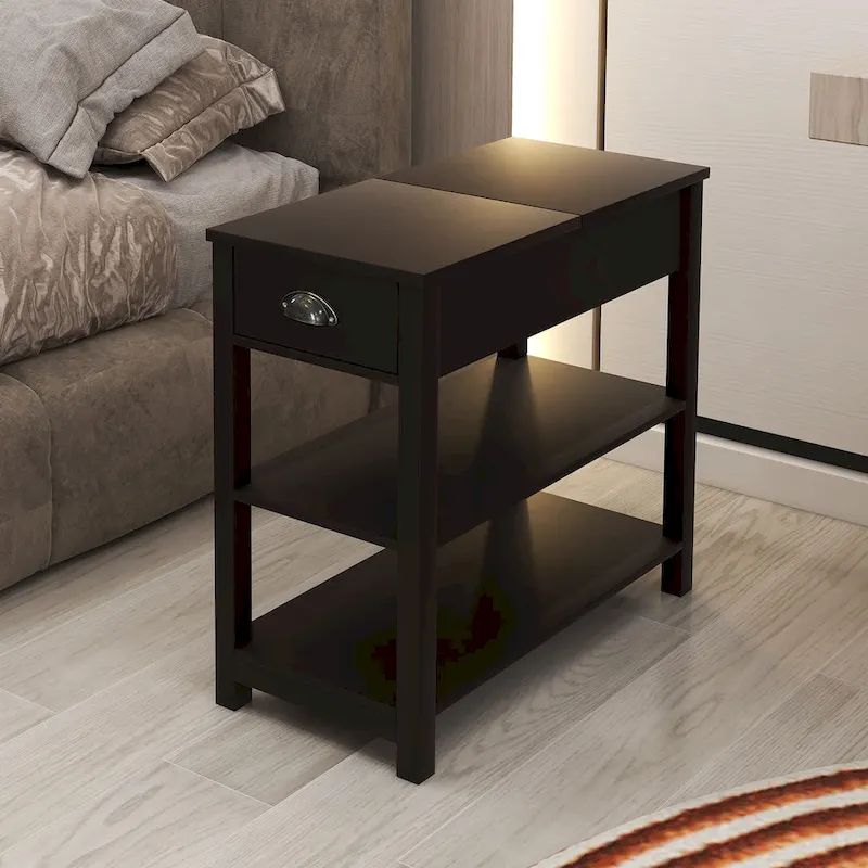 Narrow Flip Top Side Table with Drawer End Table with 2-Tiers Open Storage Shelves Sofa Table for Living Room,Bedroom