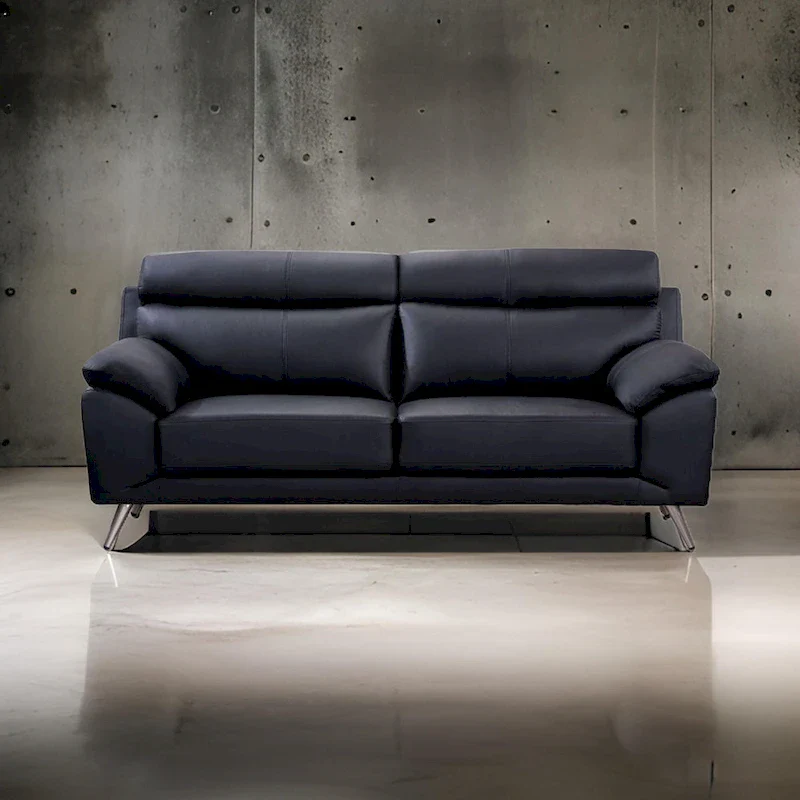 Justin Sofa, Black Top Grain Leather, Foam Cushions, Steel Legs, 80 Inch