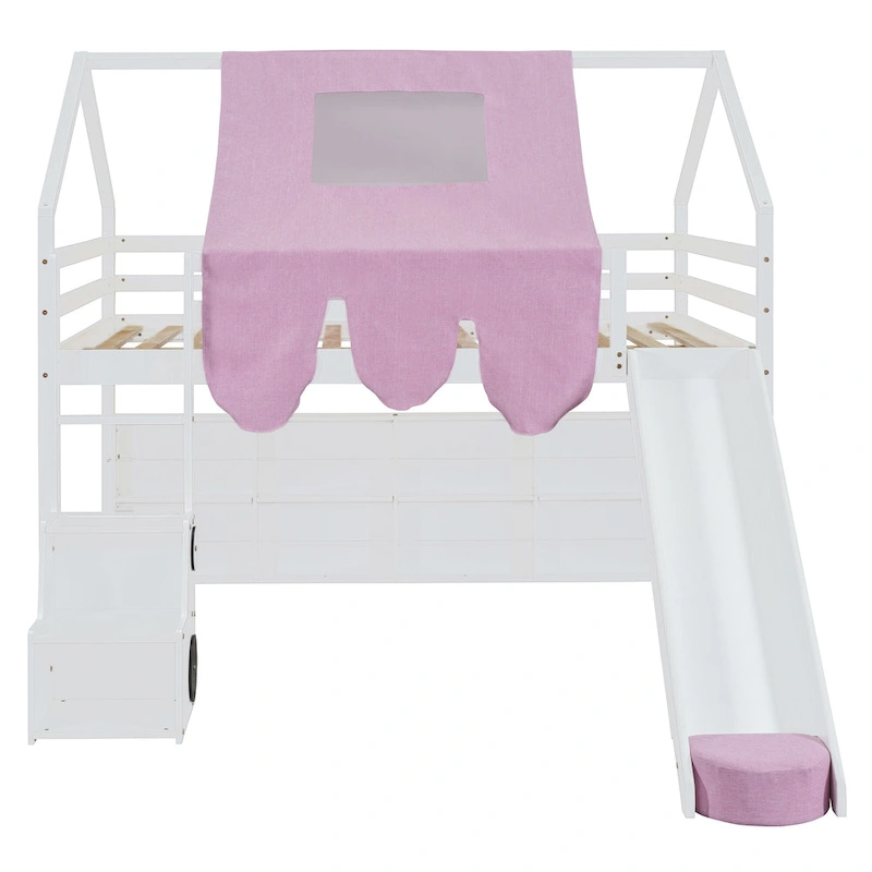 Full Loft Bed with Play Tent, House Design, Slide & Ladder