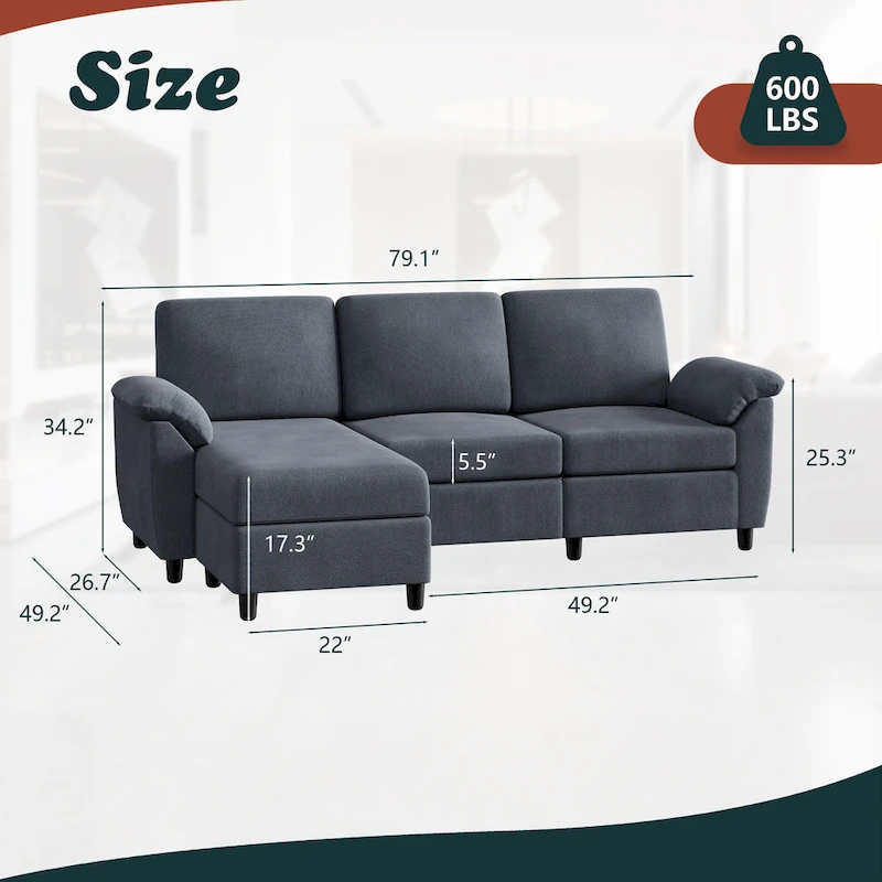 Futzca Sectional Sofa Couch, 3 Seat L Shaped Sofa with Removable Pillows