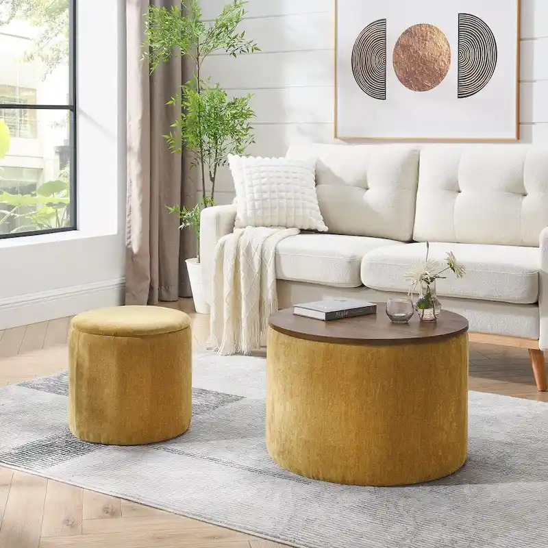 2-Piece Set Round Chenille Storage Ottoman, Equipped with a Drum Shaped Small Stool, Storage Space, and MDF Made Desktop Panel