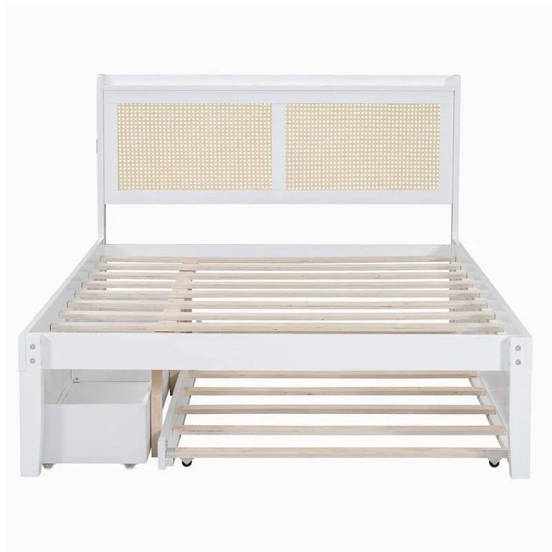 Elegant Bed Frame with Rattan Headboard and Sockets