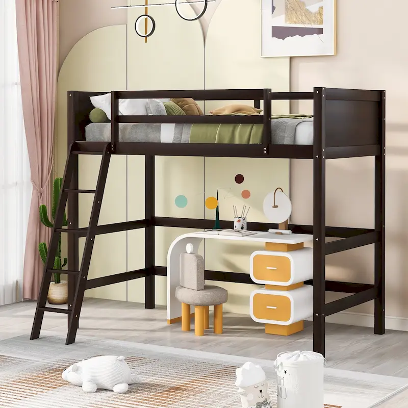 Espresso Twin Size Solid Wood Loft Bed with Ladder and Fence