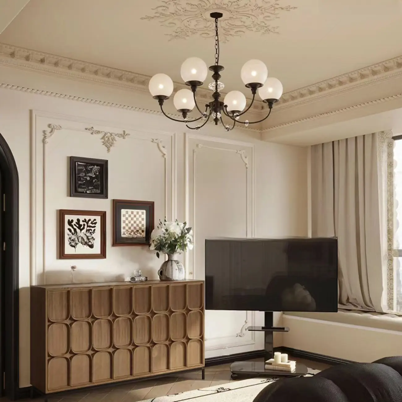 Modern Black 6-Light Glass Globe Chandelier with Crystal Accents