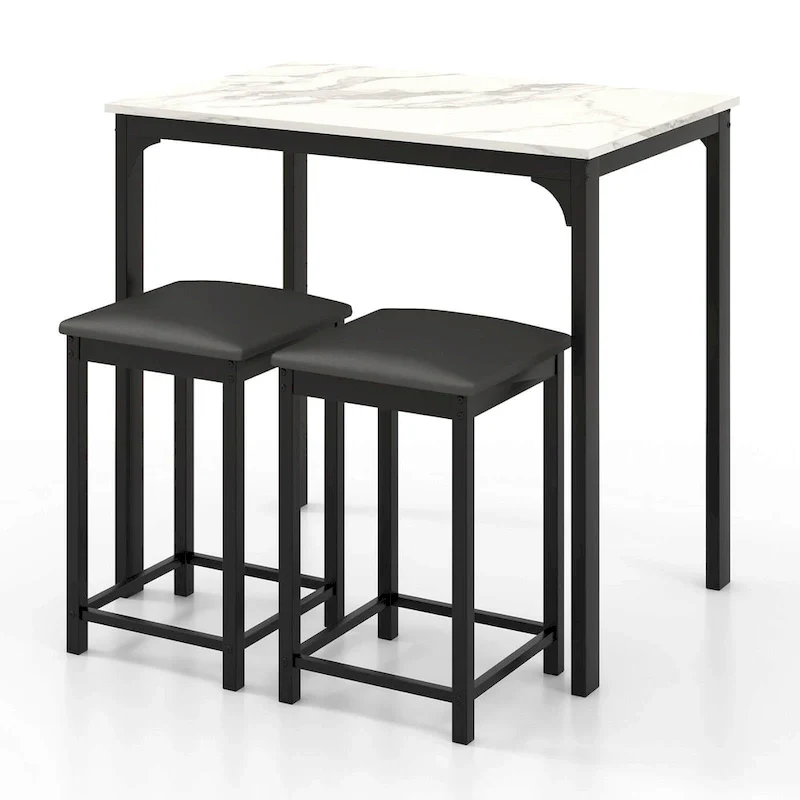 3 Piece Counter Height Dining Set Faux Marble Table 2 Chairs