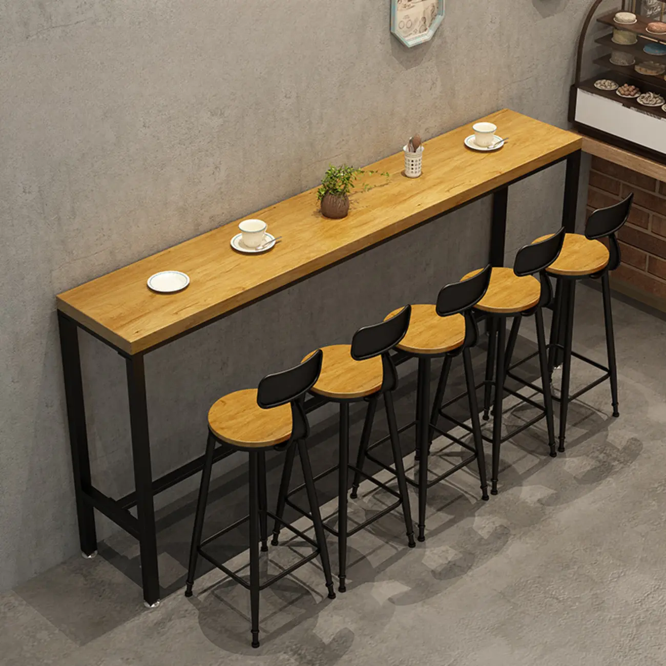 Natural Rectangle Solid Wood Long Footrest Bar Table