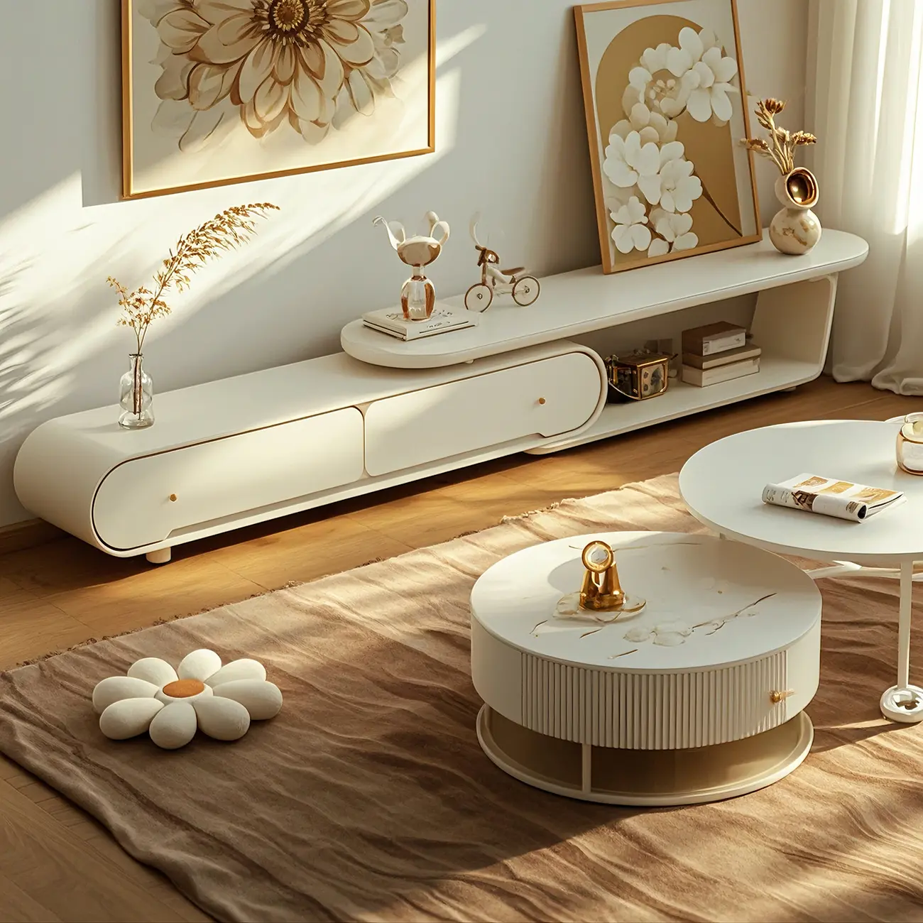 77 White Modern Long Stone Curved Open Storage TV Stand