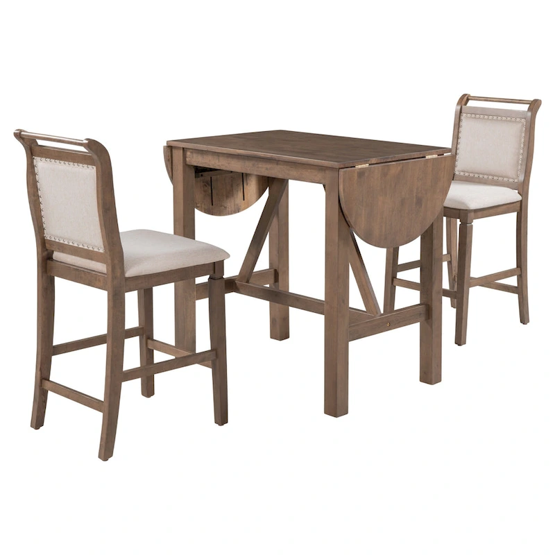 3-Piece Wooden Counter Height Dining Table Set with Drop Leaf Table & 2 Chairs