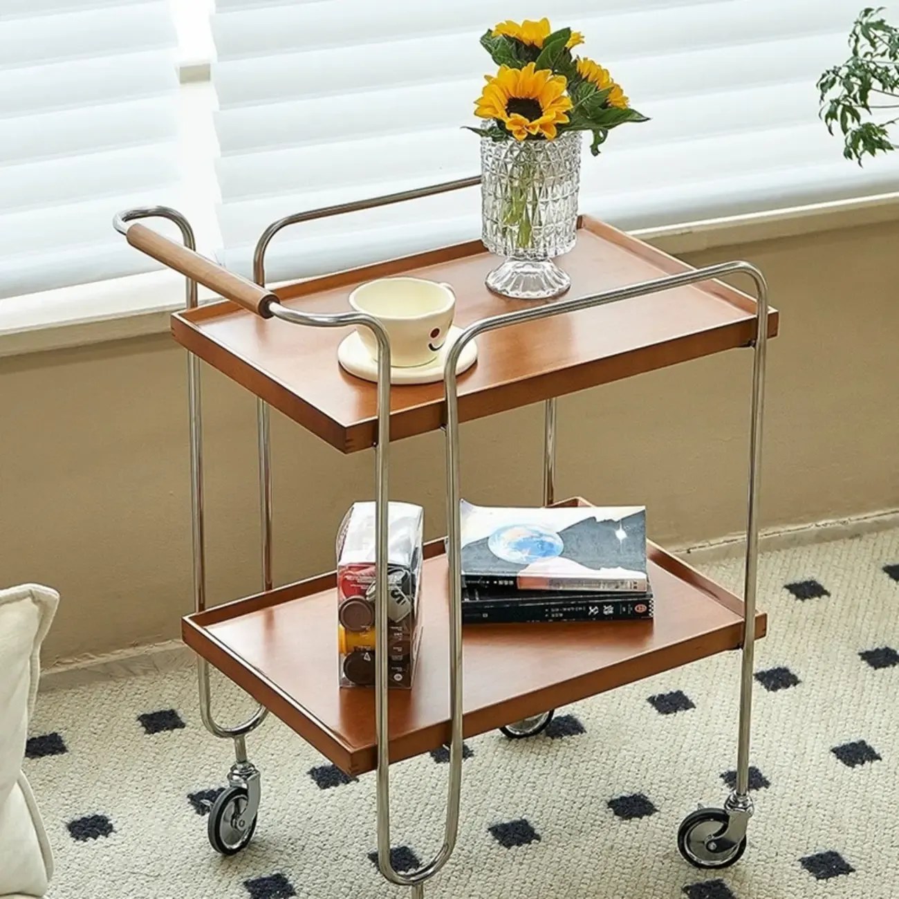 Brown Modern 2-Shelf Wood Rectangular Rolling Side Table