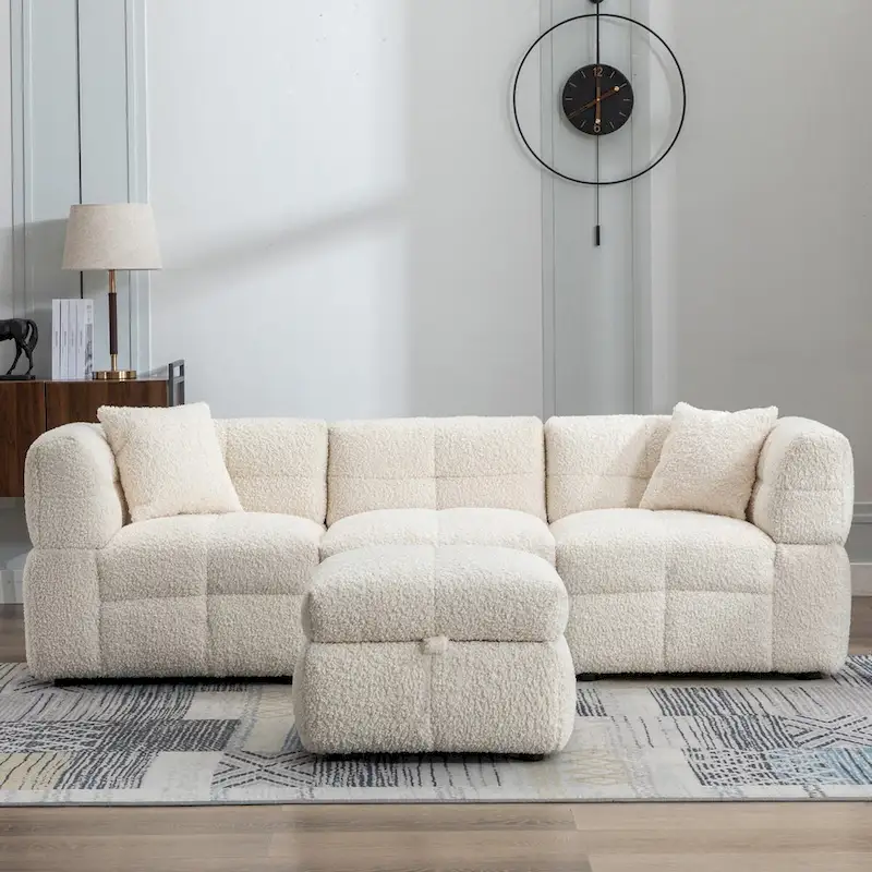 87.7 Sectional Sofa Cozy Teddy Fleece Fabric Sectional Sofa Couch