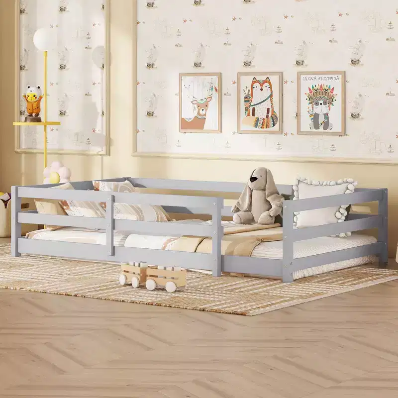 Twin Size Toddler Floor Bed with Fence for Kids,Modern Metal Montessori Bed for Bedroom