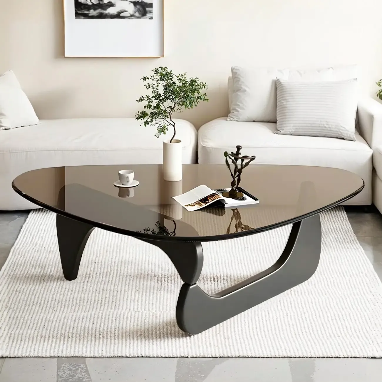 Modern Triangle Glass Coffee Table Wooden Base