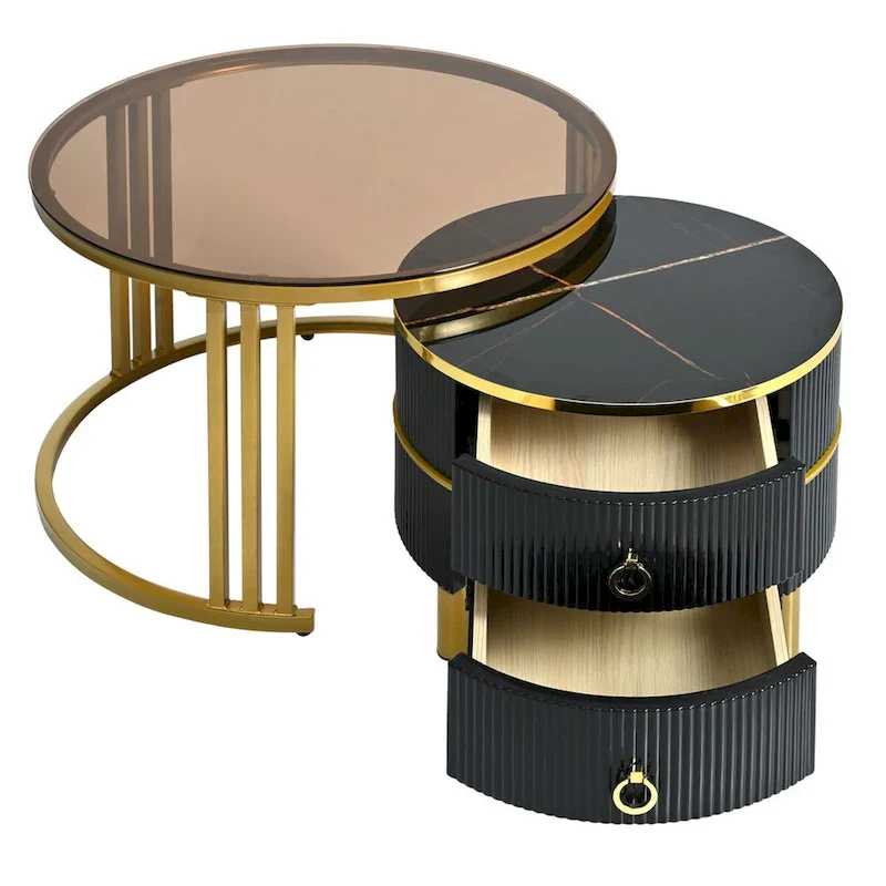 Stackable Coffee Table,Nesting Tables with Brown Tempered Glass,2 PCS