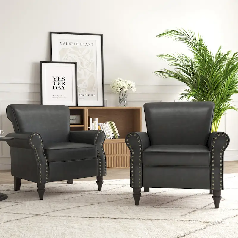 PU Leather Accent Chair, Brown/Black/Grey, Rolled Arms, Nailhead Trim, Set of 2, Seats 2
