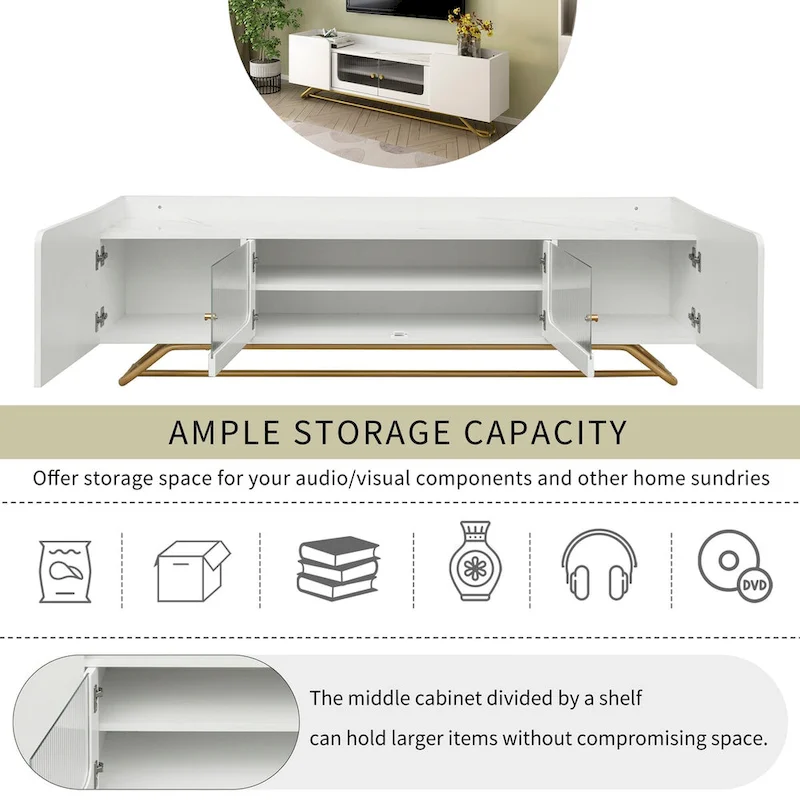 TV Stand with Fluted Glass Doors - Entertainment Center for TVs Up to 70 Inches