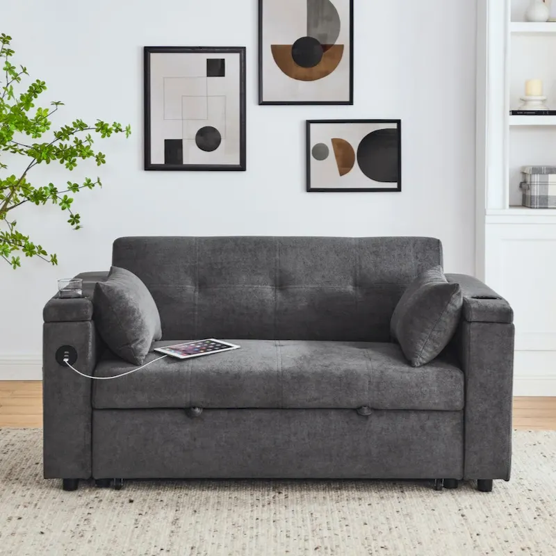 54 Pull-Out Sleeper Sofa Bed Double Seat Recliner Sofa Bed with Armrests with Storage and Side Pockets,with USB Power Outlet