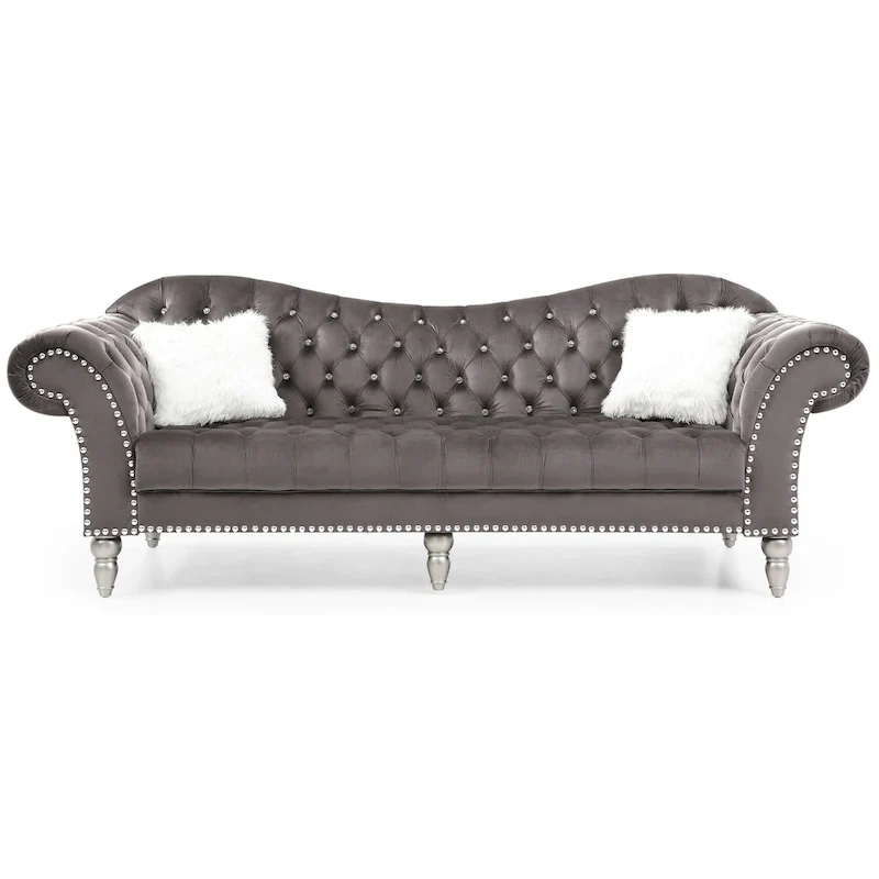 Velvet Tufted Sofa with Sweetheart Back & Chrome Nailheads – Blue / Dark Grey / Pink / Black, Seats 3