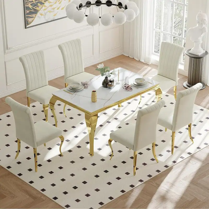 Mid Century Modern Glass Dining Table with Metal Cabriole Legs