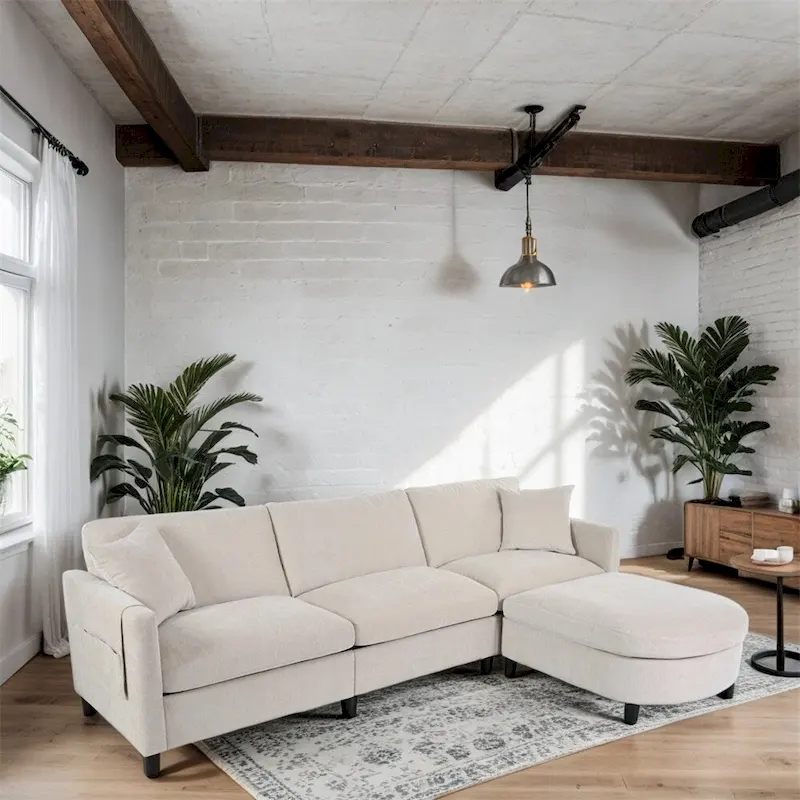 108 Modern Fabric Sectional Sofa with Ottoman and Pillows