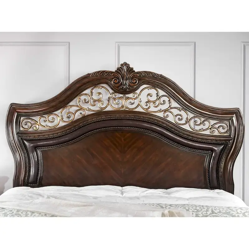 Traditional Brown Wood Carved Panel Bed