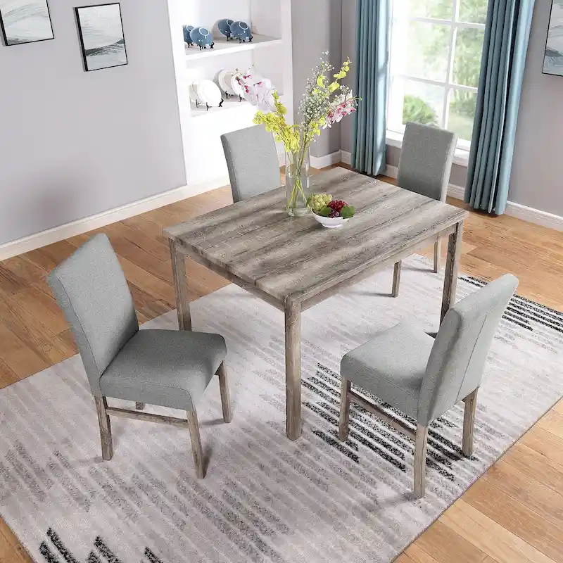 Rustic 5-Piece Dining Set with Small Space Rectangular Table & 4 Upholstered Chairs