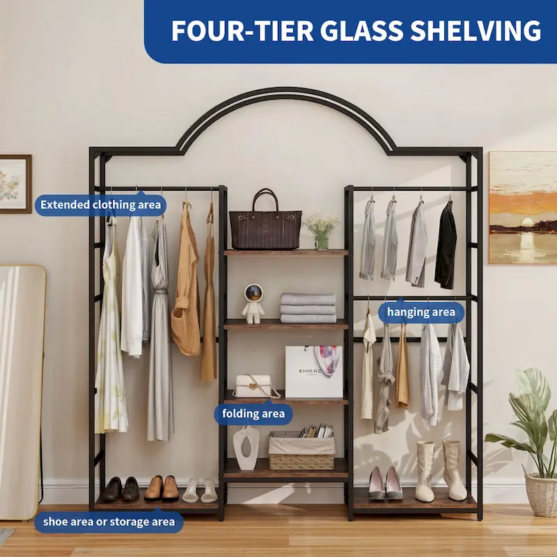 Moasis 4 Tiers Heavy Duty Coat Rack Garment Racks with 3 Hang Rods & 6 Shelves